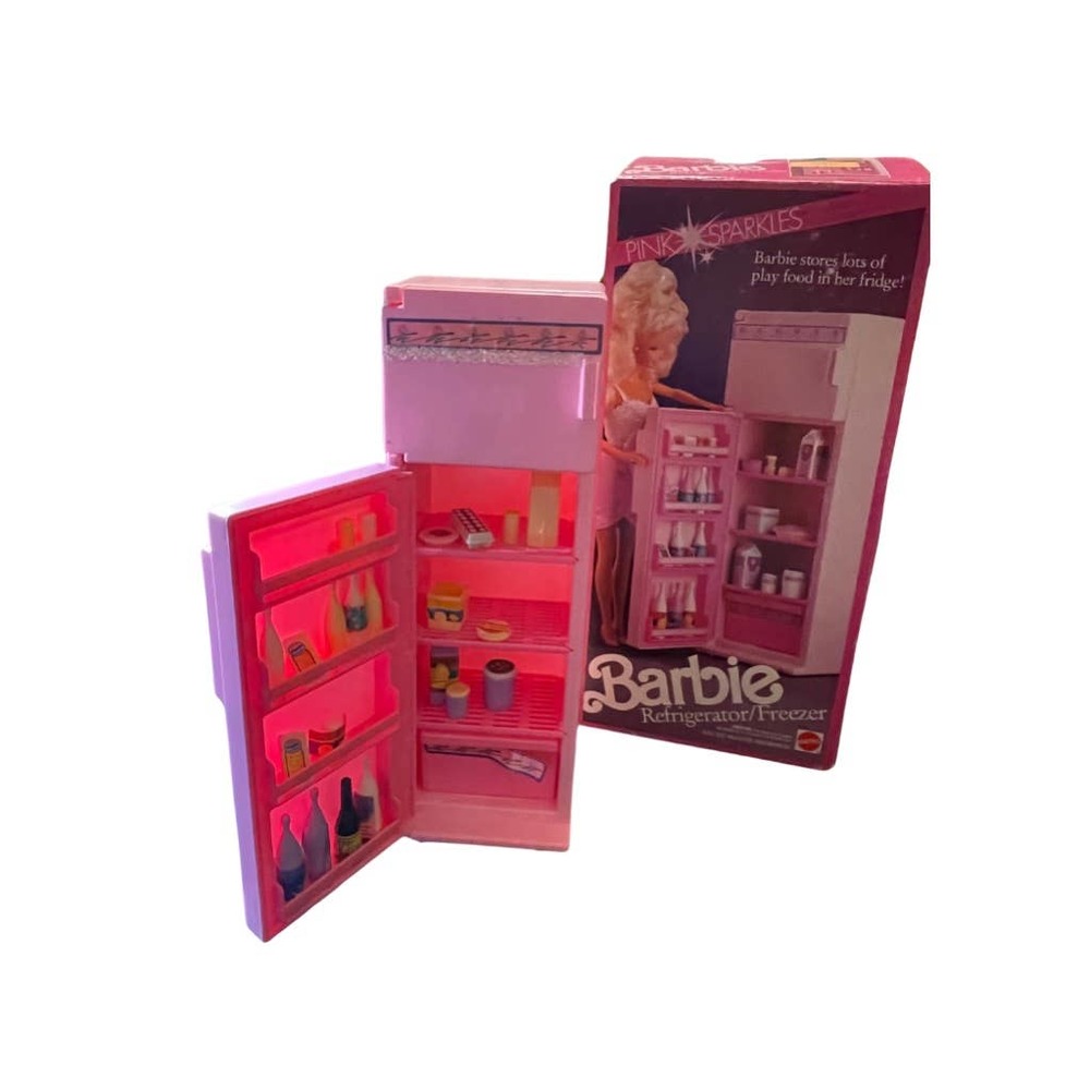 Mattel Barbie Pink‎ Sparkles Refrigerator Freezer #4776 w/ Accessories VTG 1987